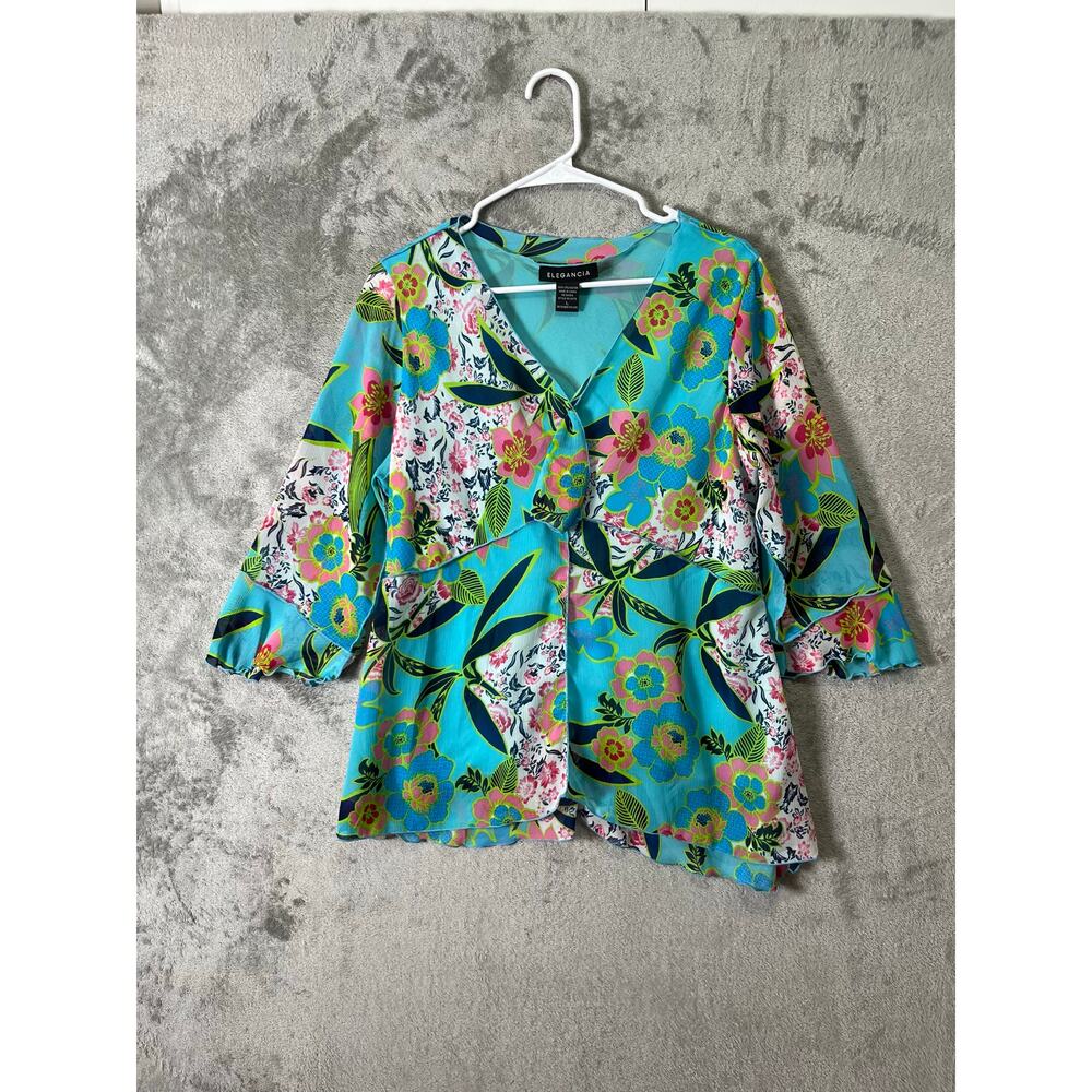 Elegancia Aqua Floral Blouse Vintage Inspired Y2K Art Girl Resort Vibes Large
